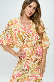 Tropical Print Kimono Style Dress with Tie-Dresses-RENEE C.-Small-TAUPE/ORANGE-Urbanheer
