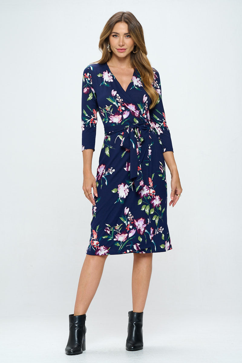 Floral Print V neck Jersey Wrap Dress with Tie-Dresses-RENEE C.-Small-NAVY-Urbanheer