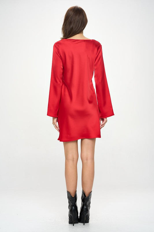 Satin Cowl Neck Long Sleeve Dress-Dresses-Renee C.-Small-RED-Urbanheer