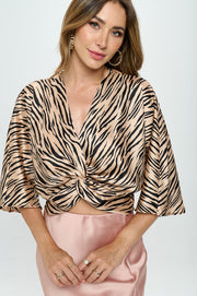 Print Satin Short Sleeve Top with Front Twist-Tops-RENEE C.-Small-TAUPE/BLACK-Urbanheer