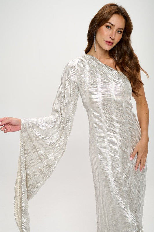 Metallic One Shoulder Bell Sleeve Maxi Dress-Dresses-Renee C.-Small-SILVER/IVORY-Urbanheer