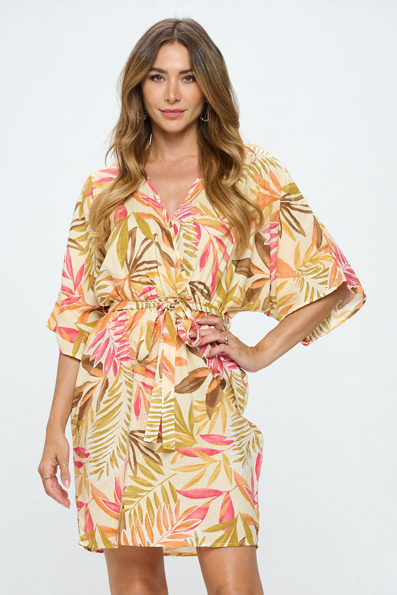 Tropical Print Kimono Style Dress with Tie-Dresses-RENEE C.-Small-TAUPE/ORANGE-Urbanheer