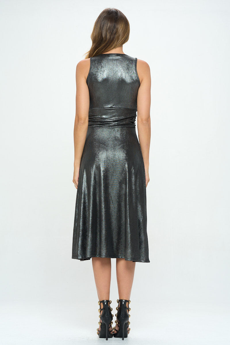 Metallic Solid Deep V Neck Lined Dress with Slit-Dresses-RENEE C.-Small-BLACK/SILVER-Urbanheer