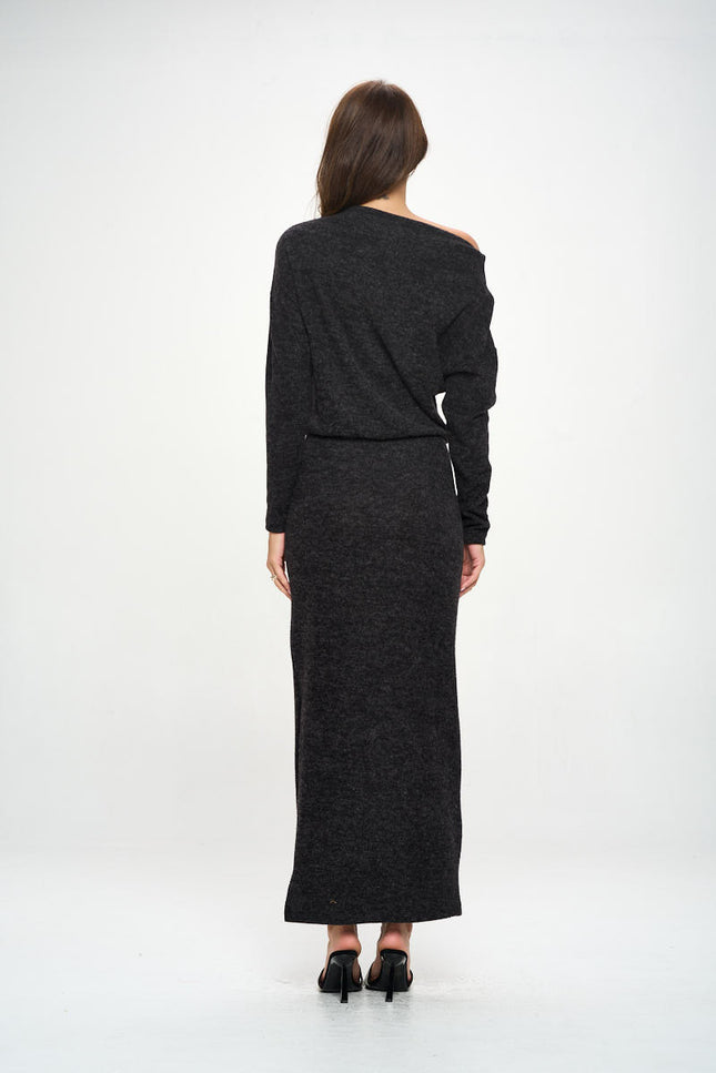 Knit Charcoal Maxi Dress With Dolman Sleeve-Dresses-Renee C.-Urbanheer
