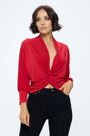 Knit Fabric Deep Cowl Neck Top with Front Twist-Tops-RENEE C.-Urbanheer