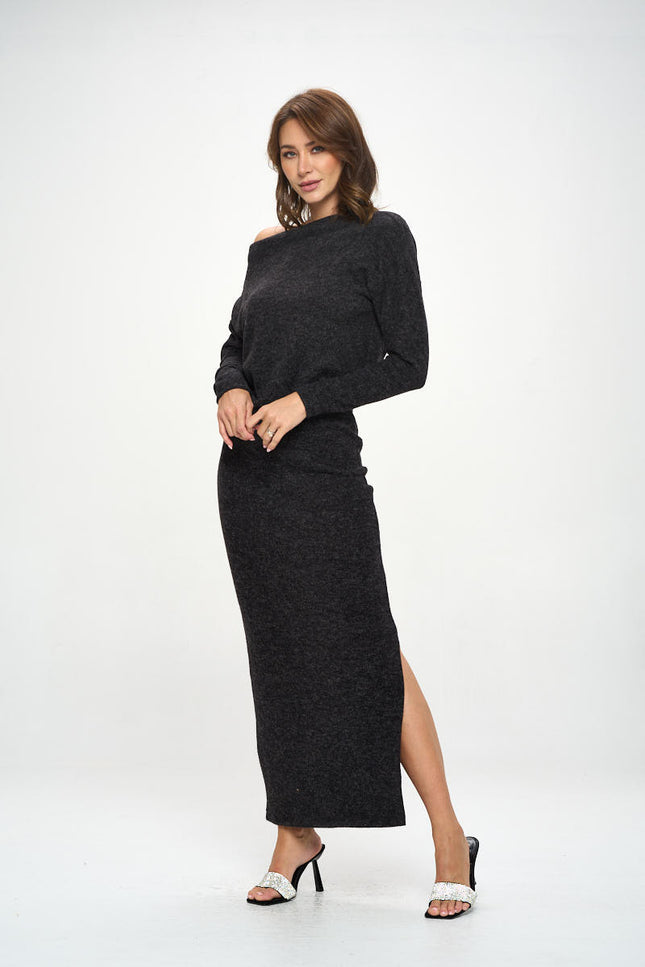 Knit Charcoal Maxi Dress with Dolman Sleeve-3