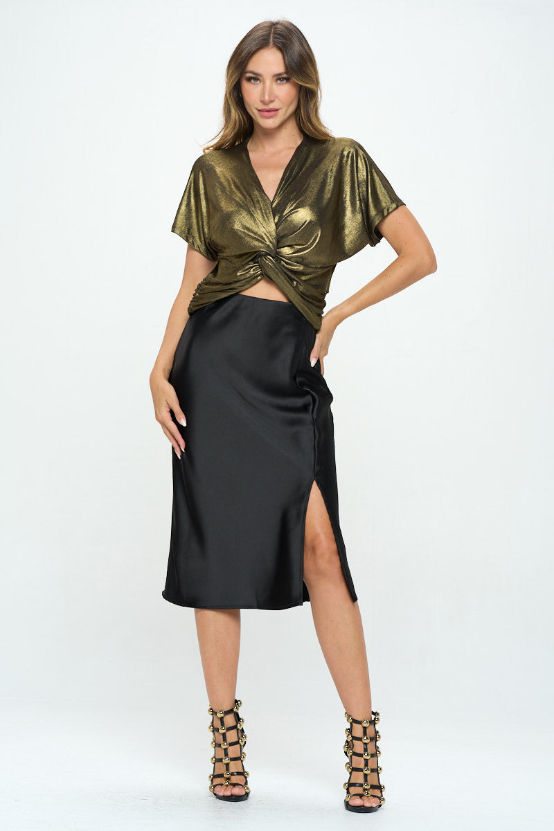 Metallic Short Sleeve Top with Front Twist-Tops-RENEE C.-Urbanheer