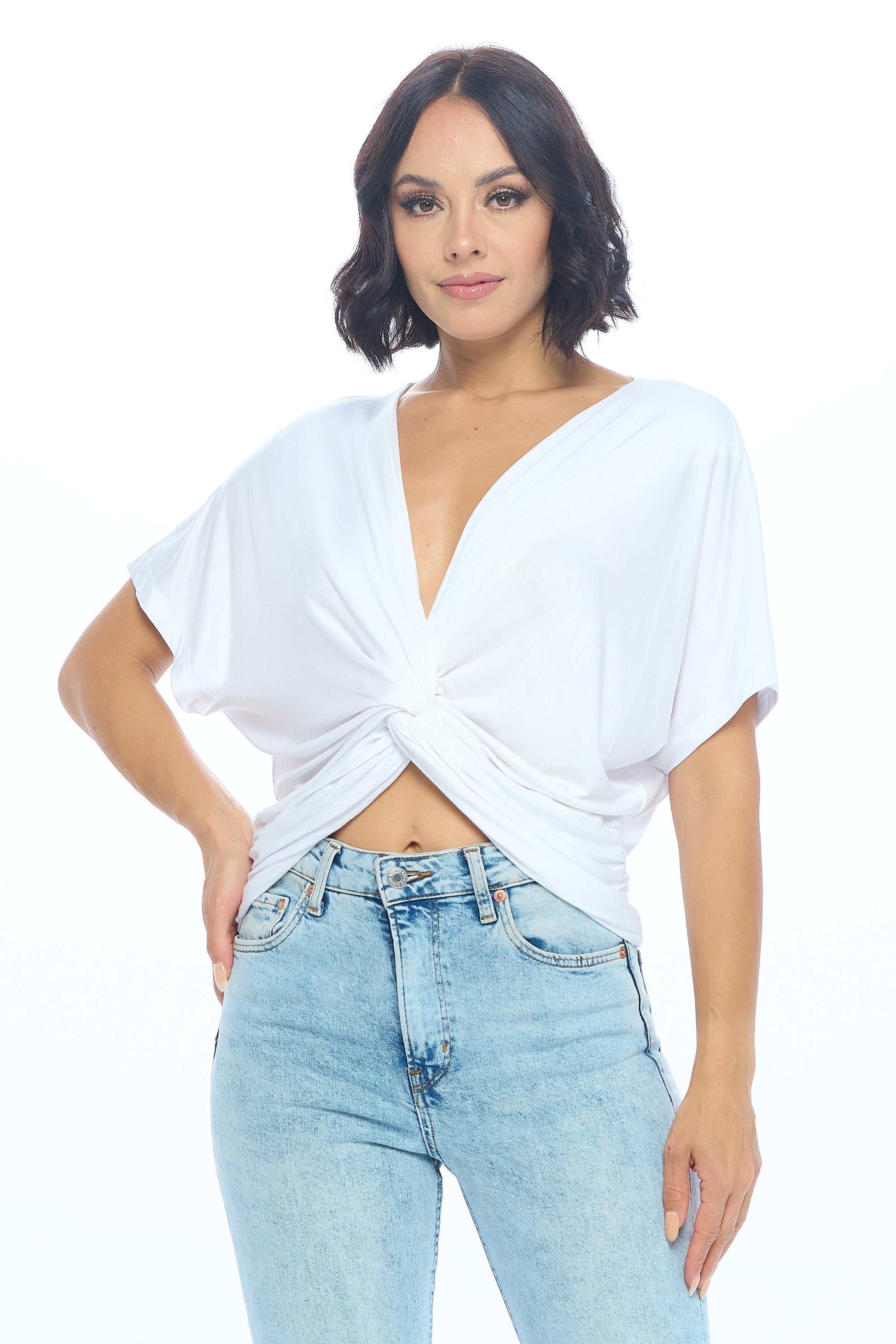 Short Sleeve Deep Cowl Neck Top With Front Twist-Tops-RENEE C.-Urbanheer