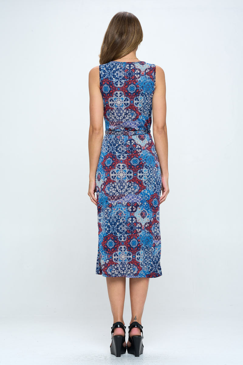 Print V neck Dress with Tie and Slit-Dresses-RENEE C.-Urbanheer