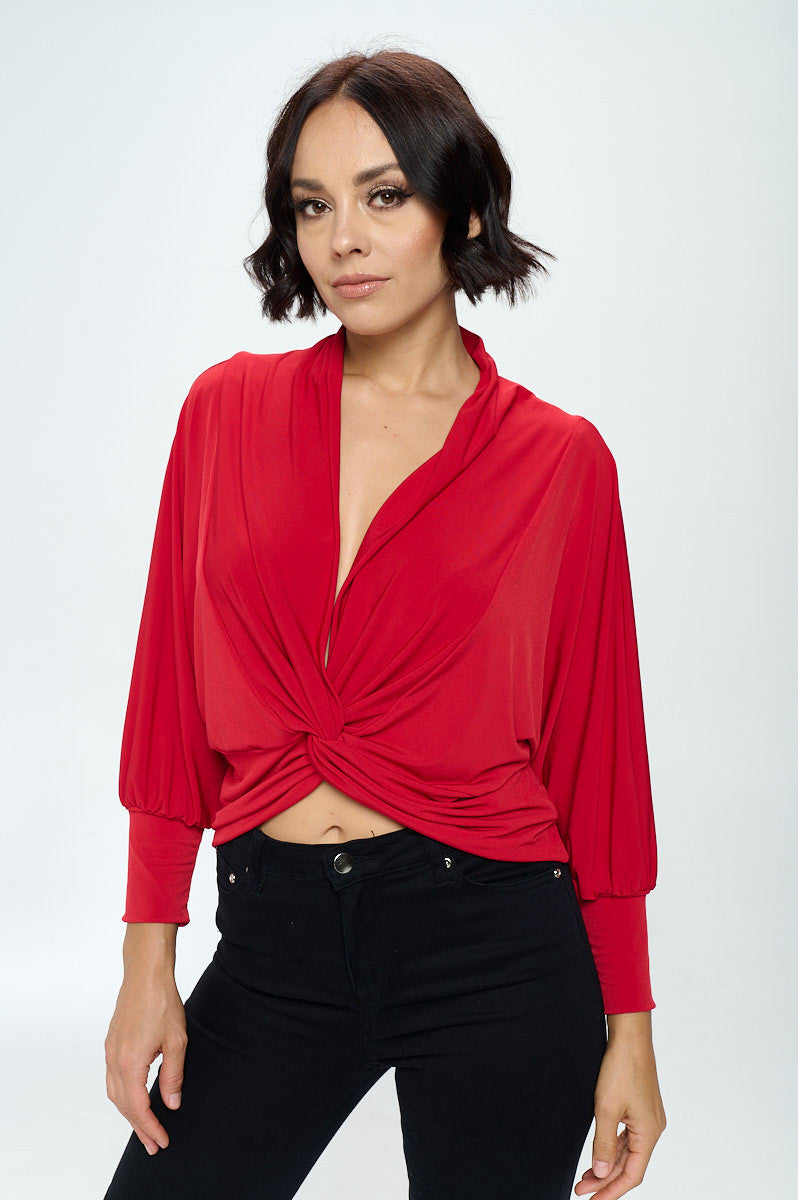 Knit Fabric Deep Cowl Neck Top with Front Twist-Tops-RENEE C.-Urbanheer