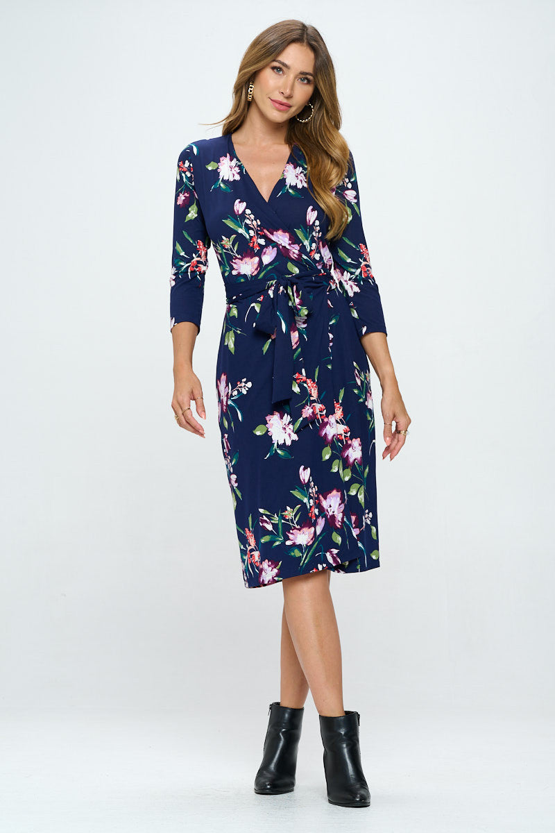 Floral Print V neck Jersey Wrap Dress with Tie-Dresses-RENEE C.-Small-NAVY-Urbanheer