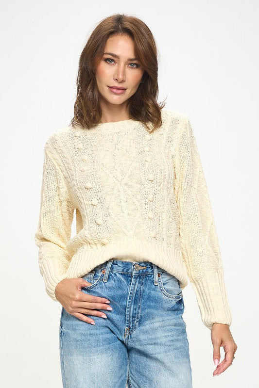 Knit Round Neck Pullover Sweater With Braid Detail-Sweaters-Renee C.-Small-IVORY-Urbanheer