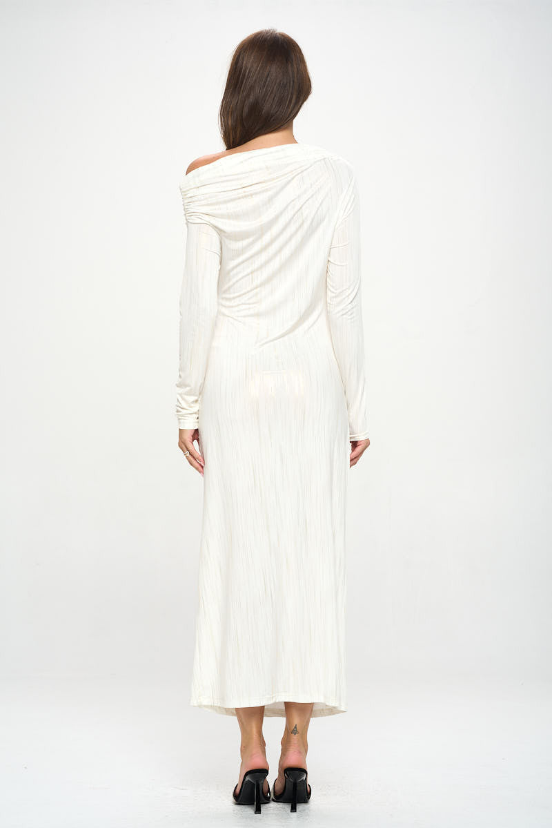 Off Shoulder Bodycon Midi Ruched Dress-Dresses-Renee C.-Small-IVORY/GOLD-Urbanheer