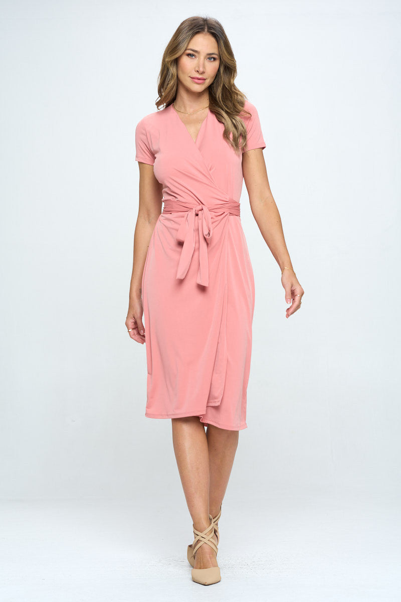 Solid V Neck Wrap Dress With Tie-Dresses-Renee C.-Urbanheer
