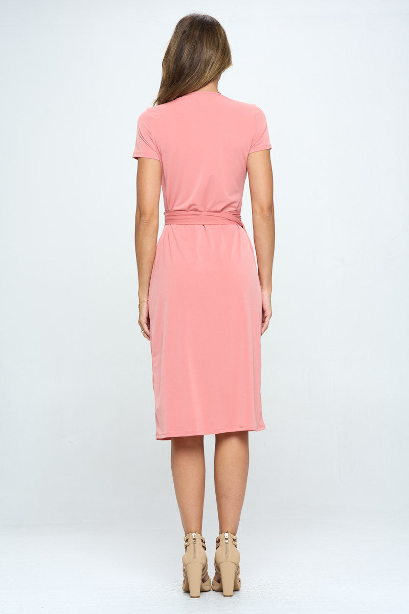 Solid V Neck Wrap Dress With Tie-Dresses-Renee C.-Urbanheer