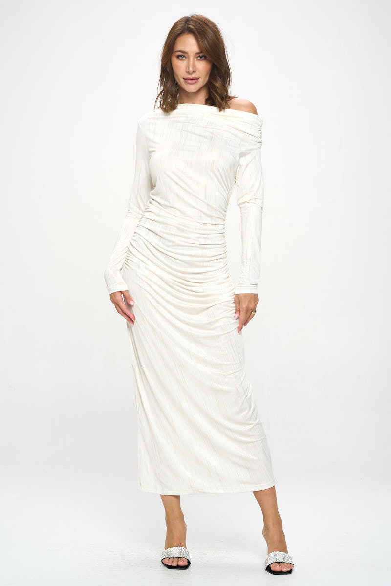 Off Shoulder Bodycon Midi Ruched Dress-Dresses-Renee C.-Small-IVORY/GOLD-Urbanheer