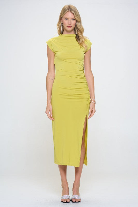 Sleeveless Ruched Dress with Slit-1