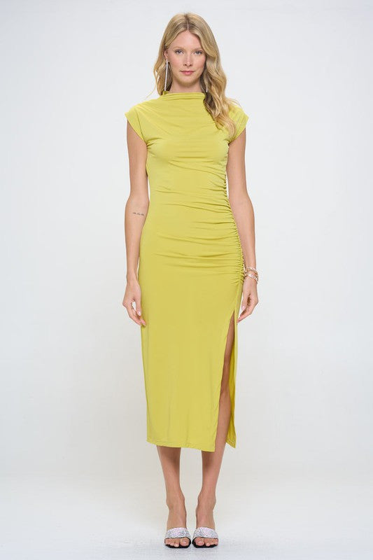 Sleeveless Ruched Dress With Slit-Dresses-Renee C.-Small-DARK CITRON-Urbanheer