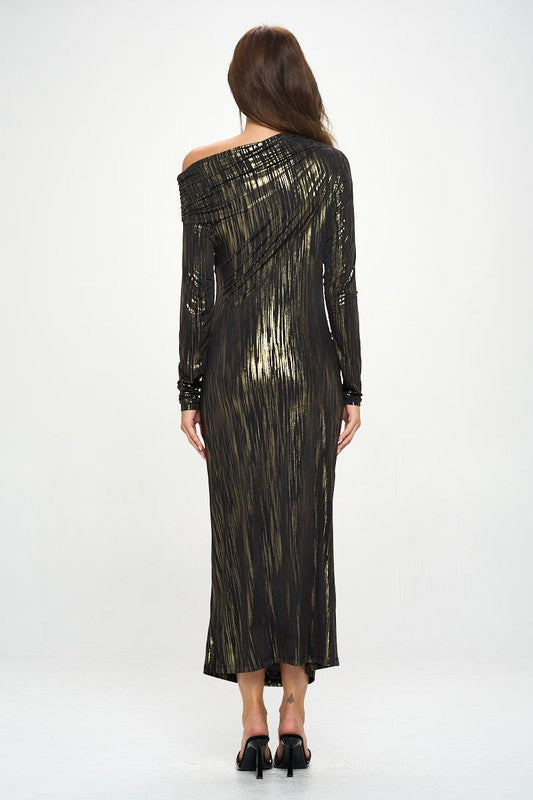 Off Shoulder Bodycon Midi Ruched Dress-Dresses-Renee C.-Small-BLACK/GOLD-Urbanheer