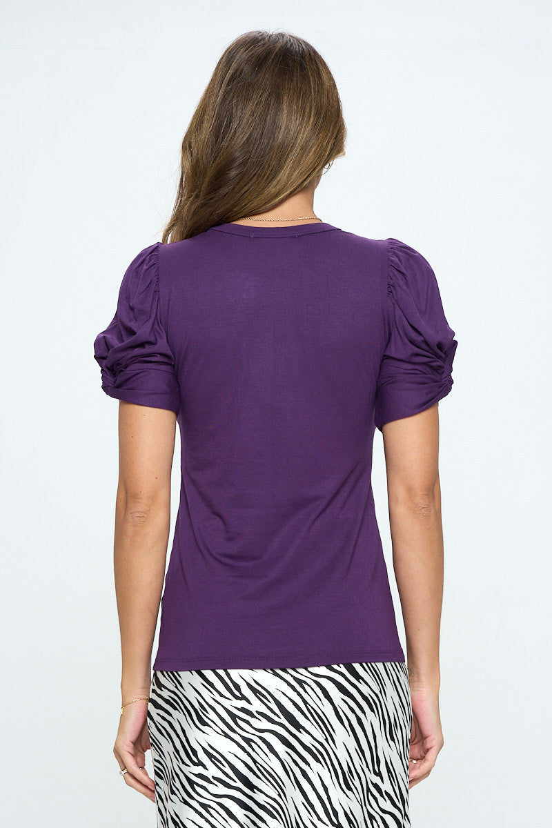 Solid Short Sleeve Top with Scrunched Sleeves-Tops-Reneecollection-Urbanheer