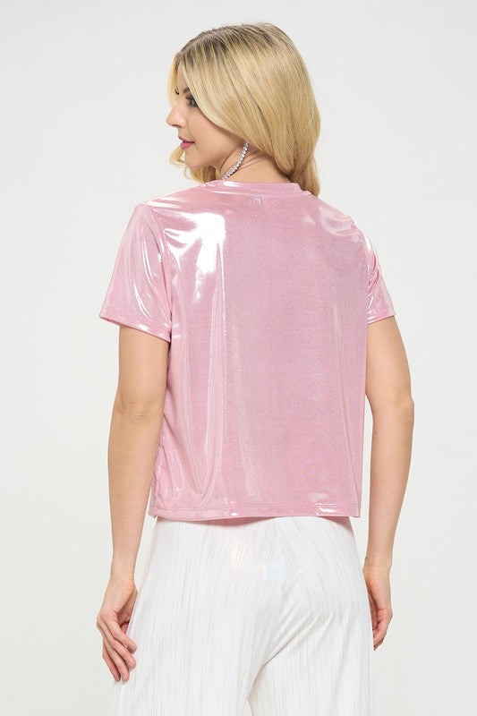 Metallic Short Sleeve Top-Dresses-Renee C.-Small-PINK-Urbanheer