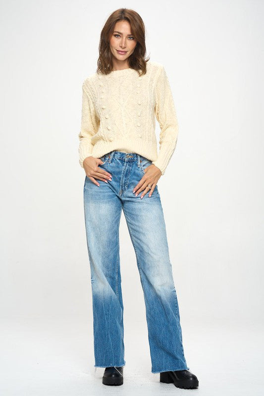 Knit Round Neck Pullover Sweater With Braid Detail-Sweaters-Renee C.-Small-IVORY-Urbanheer