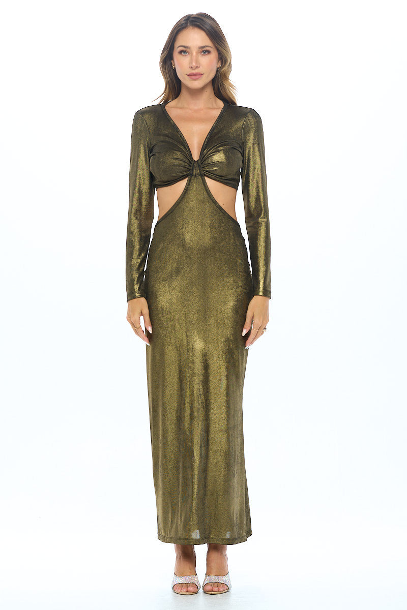 Lurex Metallic V neck Cutout Dress with Slit-Dresses-RENEE C.-Urbanheer