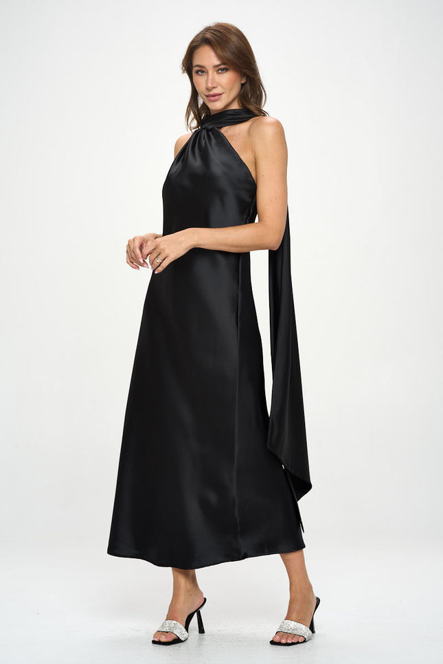 One Shoulder Satin Maxi Dress With Scarf Detail-Dresses-Renee C.-Urbanheer