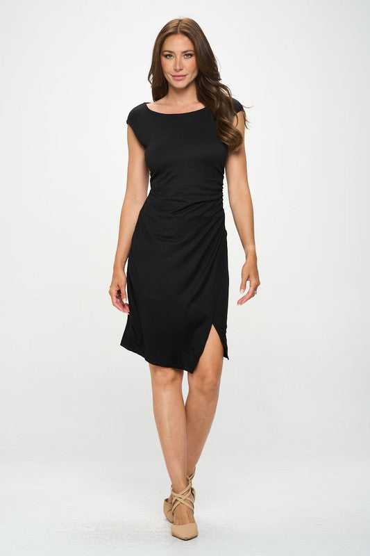 Brushed Knit Short Sleeve Bodycon Dress With Slit-Heer Decor-Small-BLACK-Urbanheer