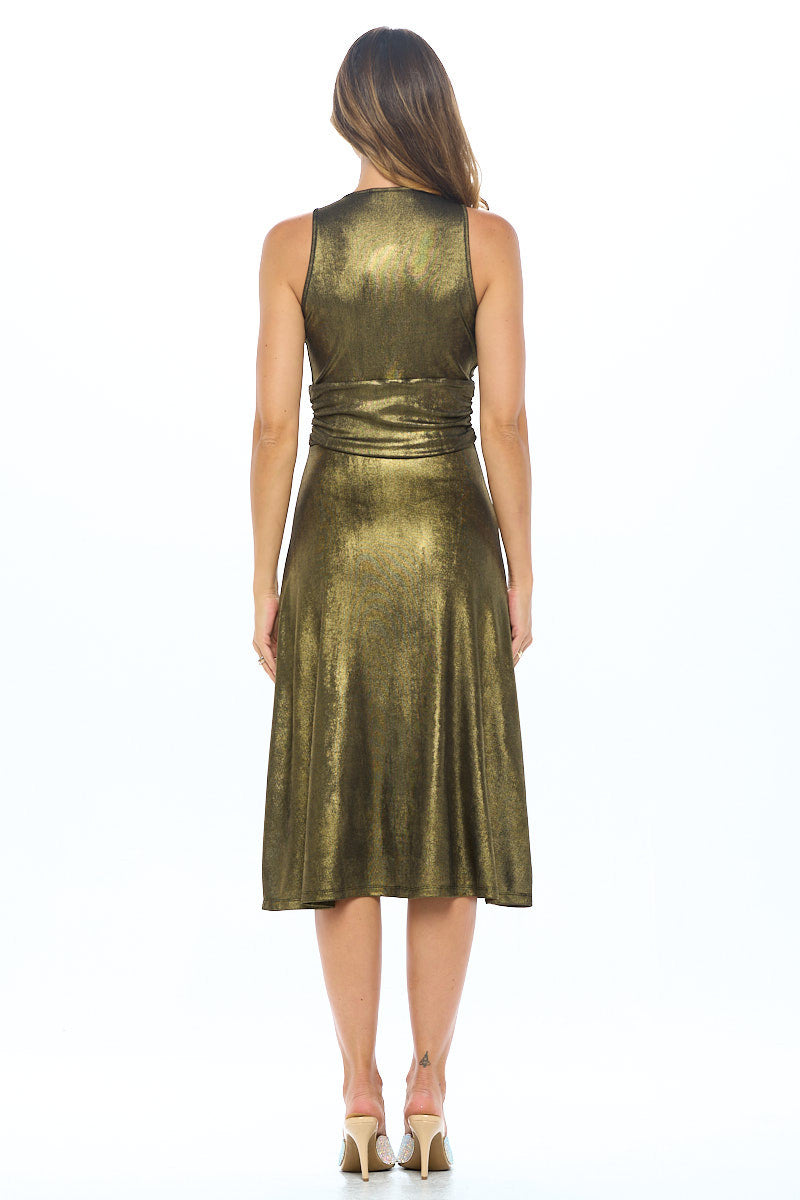 Metallic Solid Deep V Neck Lined Dress with Slit-Dresses-RENEE C.-Urbanheer