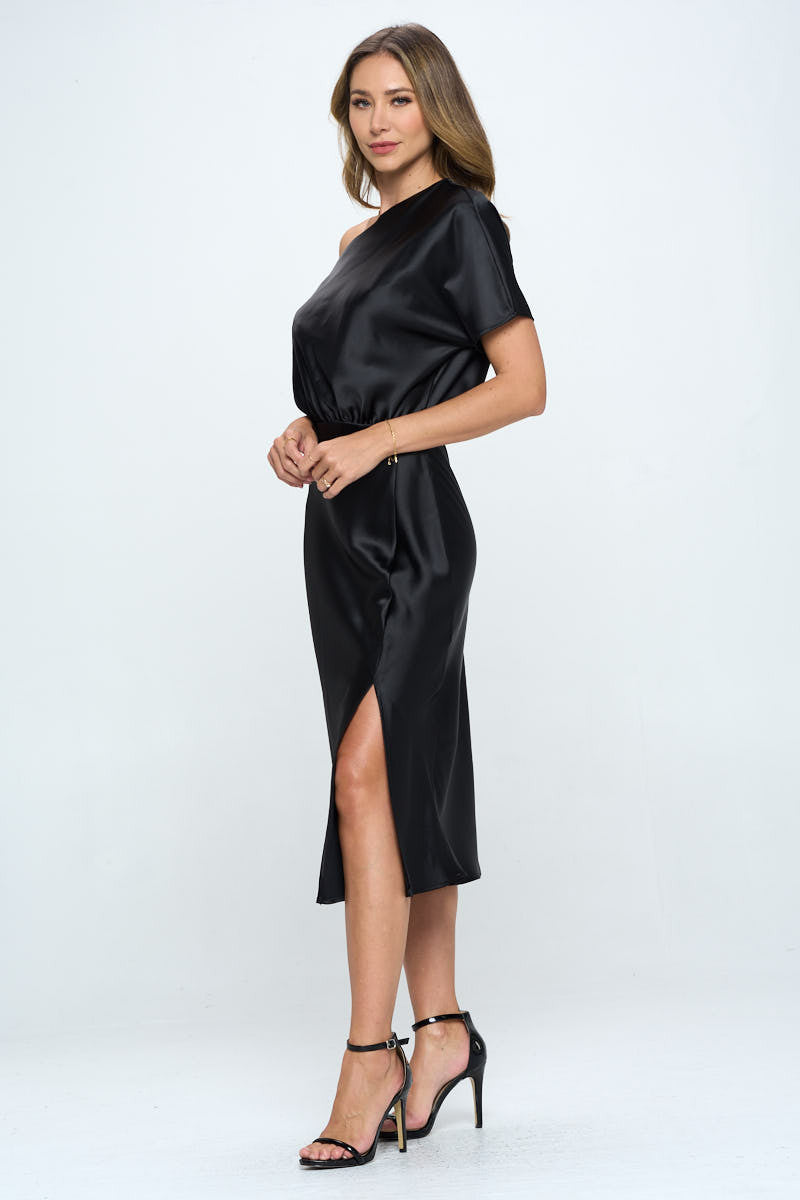 Stretch Satin One Shoulder Dress-Dresses-RENEE C.-BLACK-Small-Urbanheer
