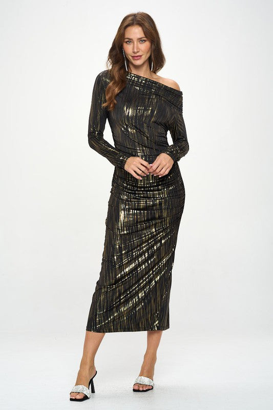 Off Shoulder Bodycon Midi Ruched Dress-Dresses-Renee C.-Small-BLACK/GOLD-Urbanheer