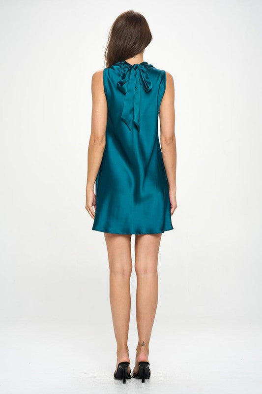 Satin Cowl Neck Sleeveless Dress with Bow Detail-4
