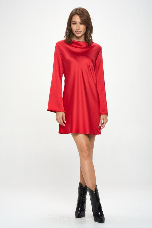 Satin Cowl Neck Long Sleeve Dress-Dresses-Renee C.-Small-RED-Urbanheer