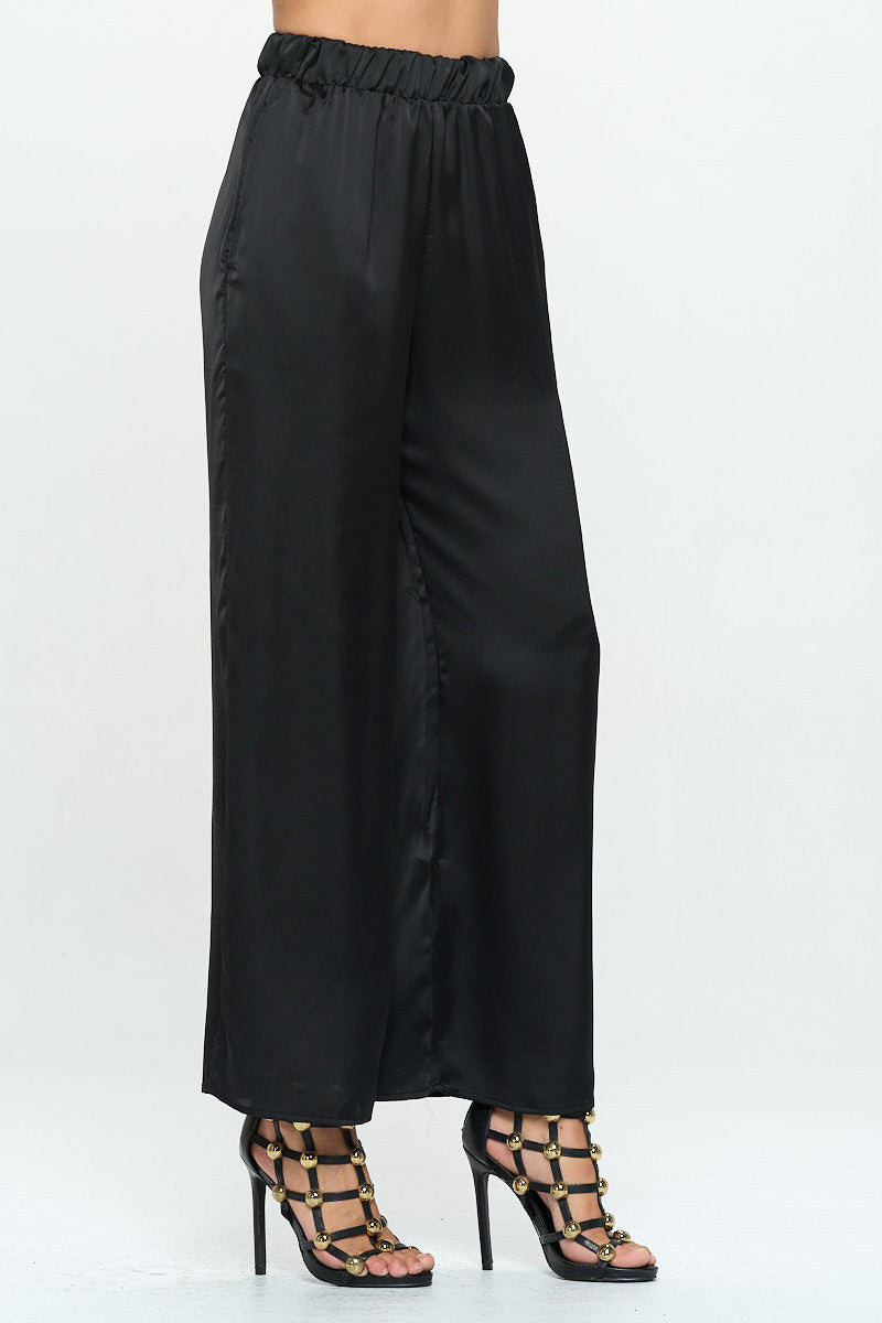 Stretch Satin Pants w/ Elastic Waist and Pocket-Pants-RENEE C.-Urbanheer