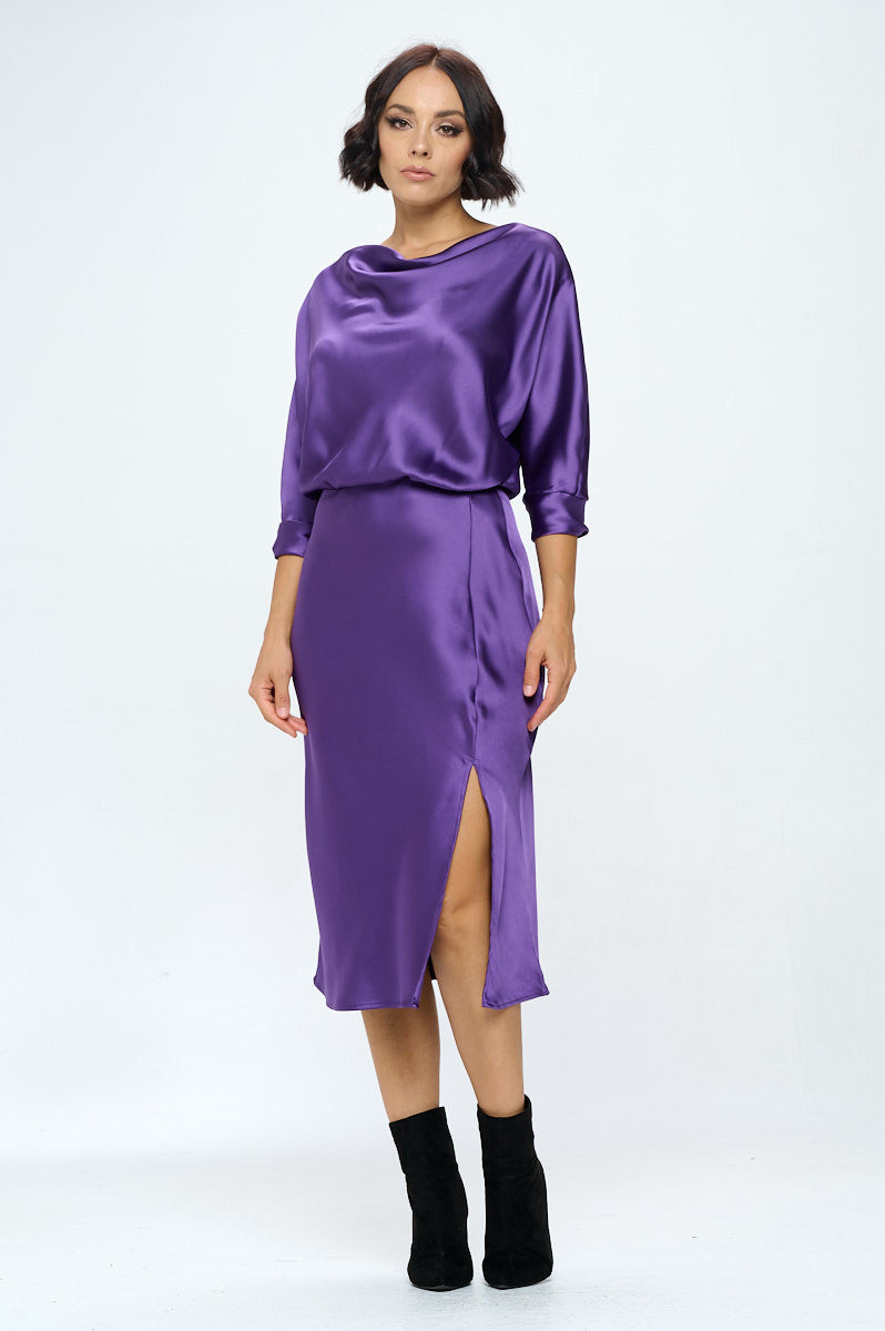 Stretch Satin Print 3/4 Sleeve Dress with Slit-Dresses-RENEE C.-Small-DARK PURPLE-Urbanheer