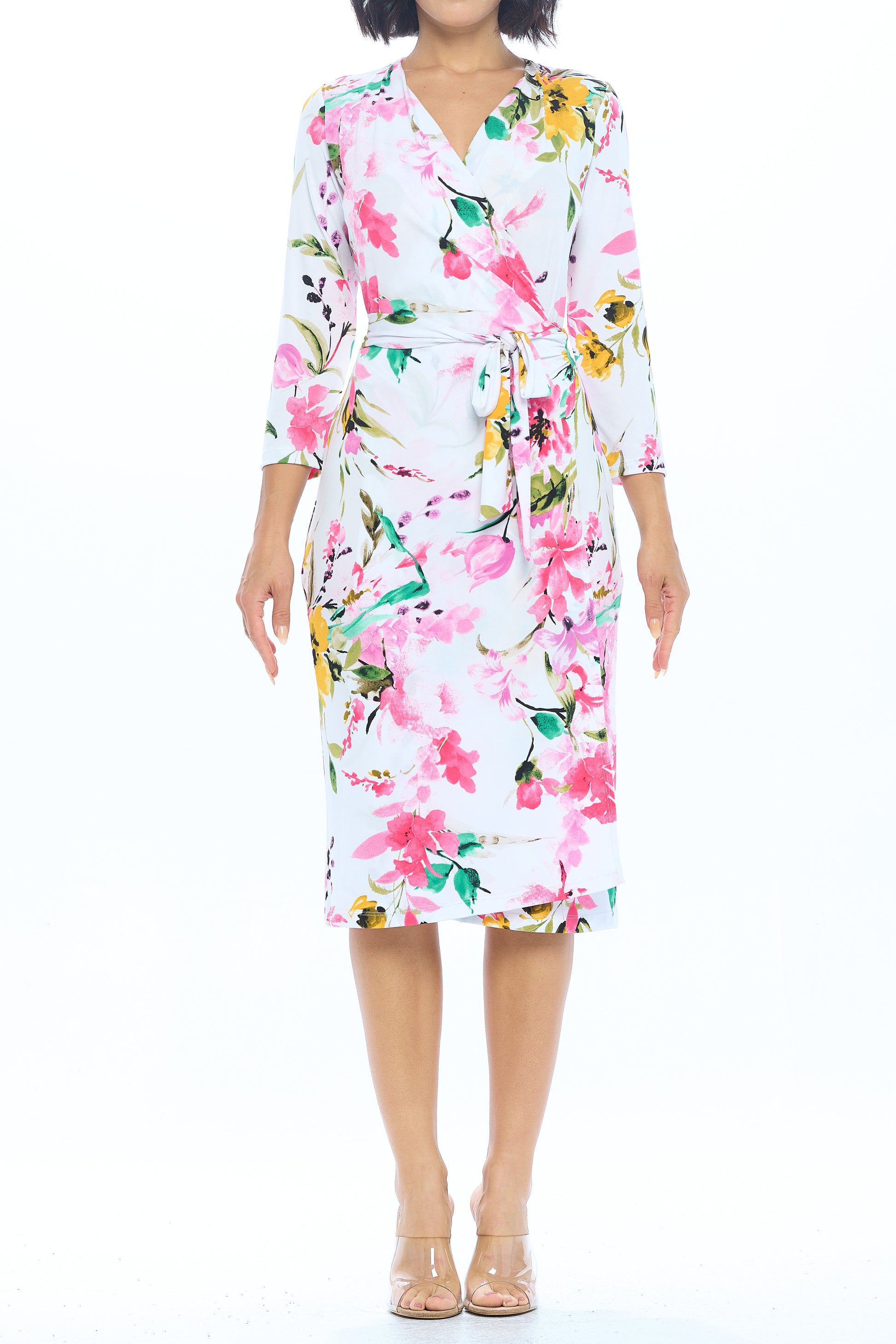 Floral Print V neck Jersey Dress with Tie-Dresses-RENEE C.-Urbanheer