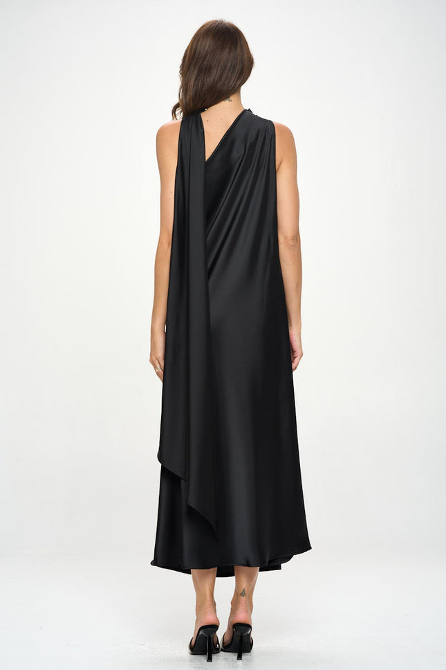 One Shoulder Satin Maxi Dress with Scarf Detail-4