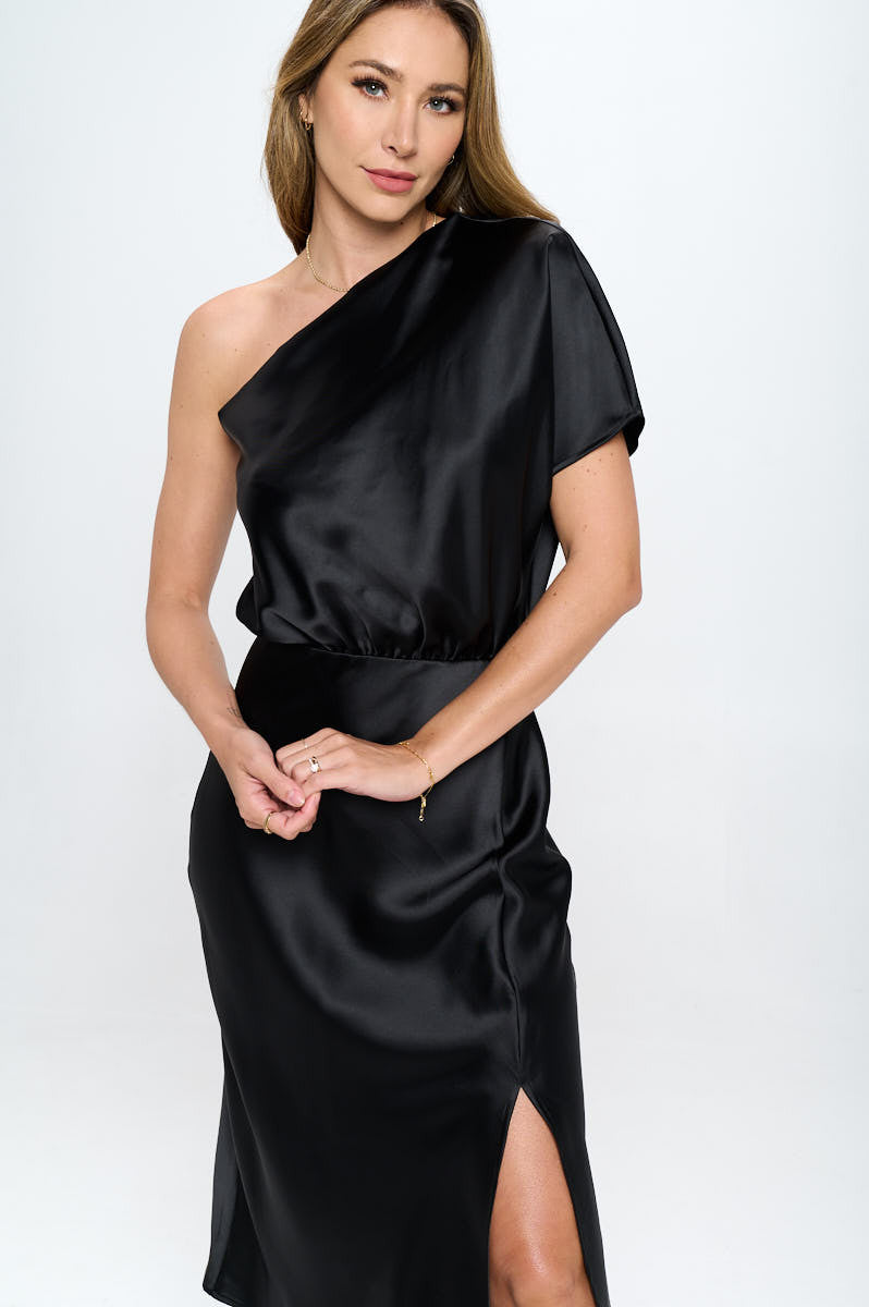 Stretch Satin One Shoulder Dress-Dresses-RENEE C.-BLACK-Small-Urbanheer