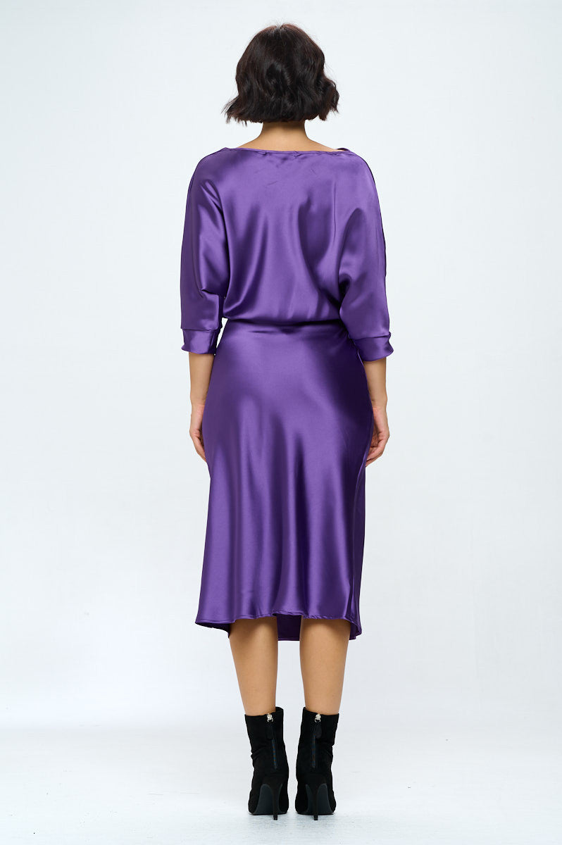Stretch Satin Print 3/4 Sleeve Dress with Slit-Dresses-RENEE C.-Small-DARK PURPLE-Urbanheer