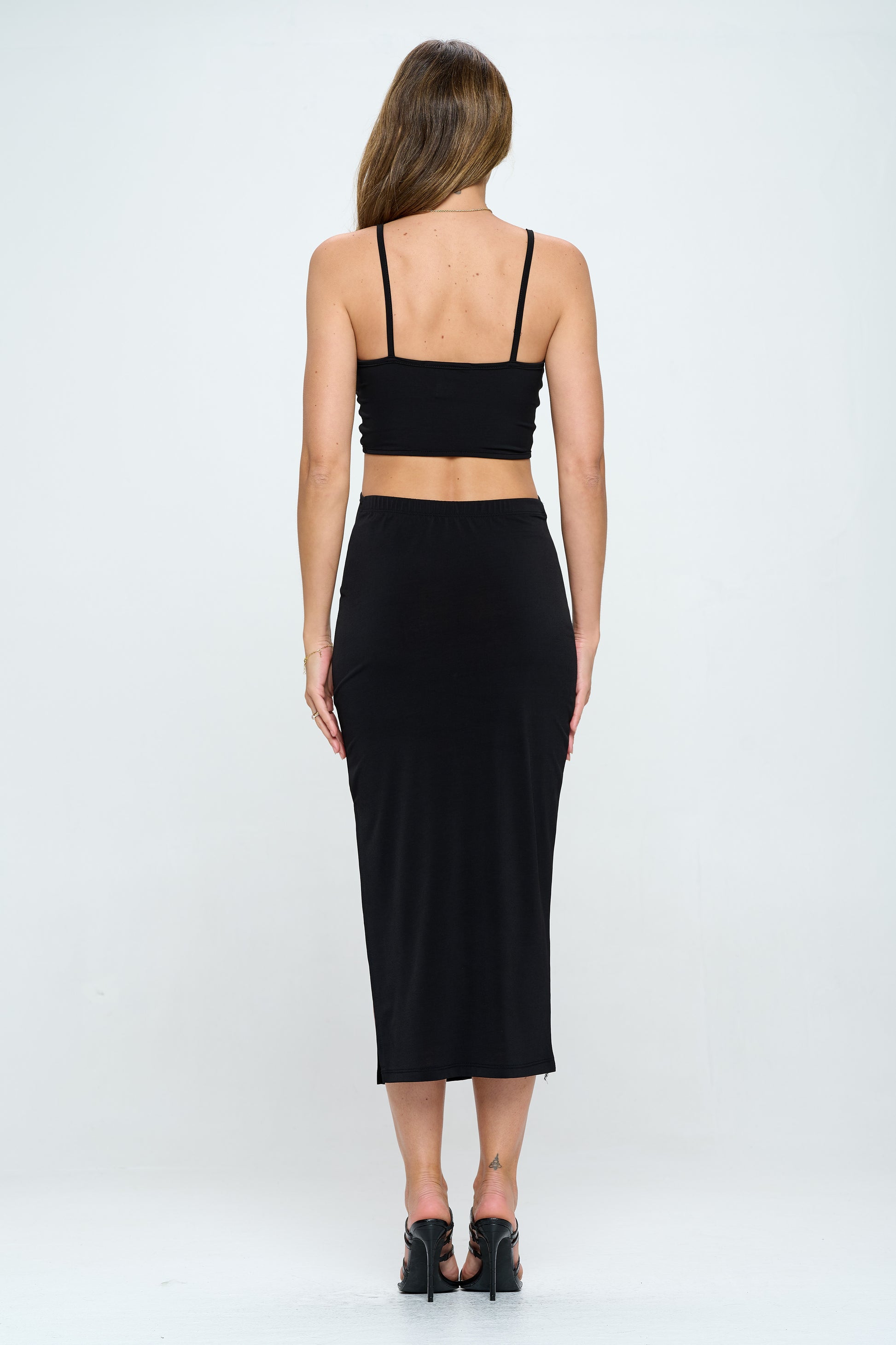 Solid V neck Cutout Dress with Slit-Dresses-RENEE C.-Urbanheer