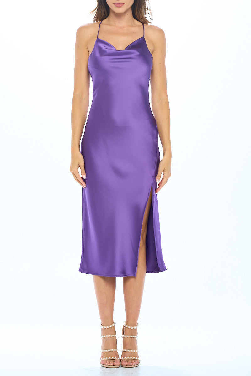 Satin Bias Slip Dress with Slit-Dresses-RENEE C.-Urbanheer
