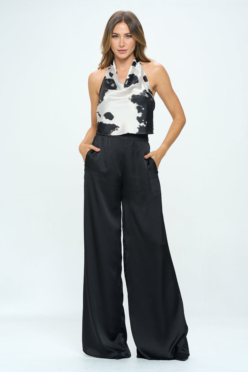 Satin Cow Print Cowl Neck Backless Top-Tops-RENEE C.-Urbanheer