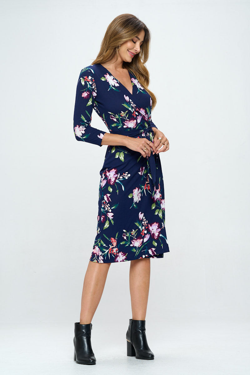 Floral Print V neck Jersey Wrap Dress with Tie-Dresses-RENEE C.-Small-NAVY-Urbanheer