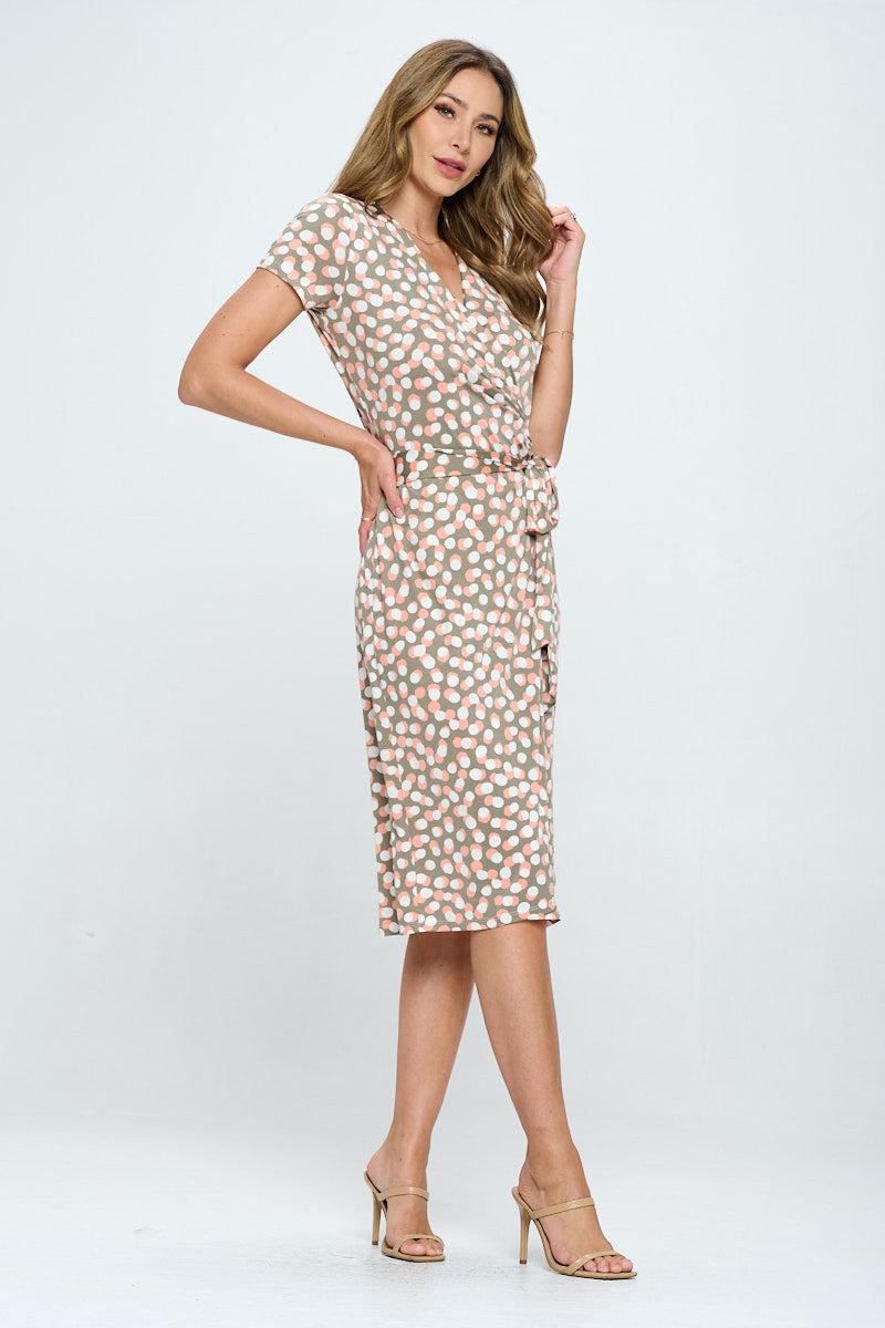 Polka Dot V neck Jersey Wrap Dress with Tie-Dresses-RENEE C.-Urbanheer