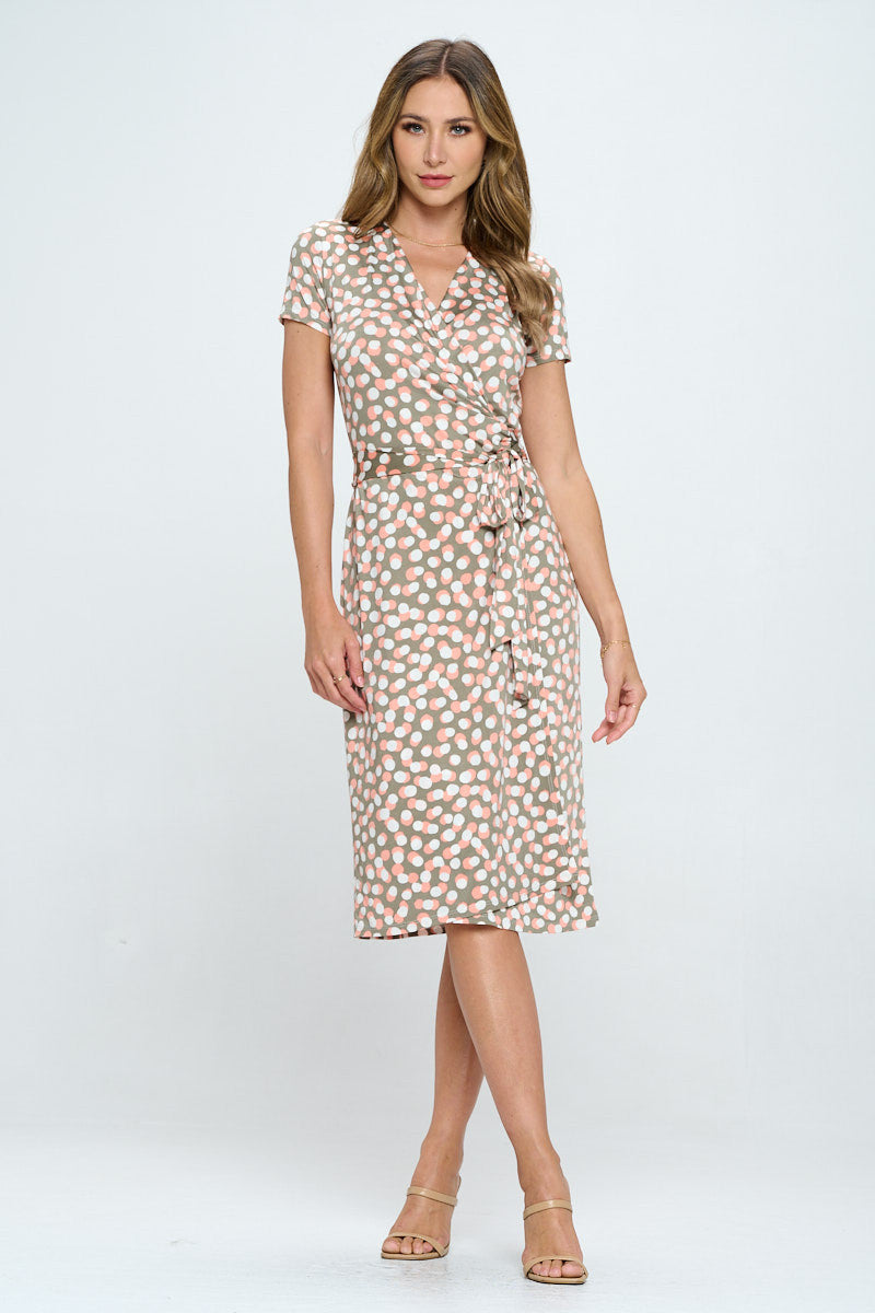 Polka Dot V neck Jersey Wrap Dress with Tie-Dresses-RENEE C.-Urbanheer