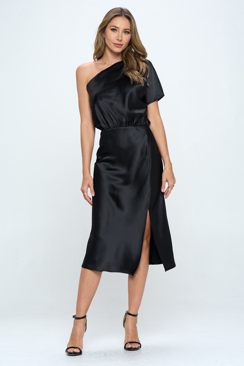 Stretch Satin One Shoulder Dress-Dresses-RENEE C.-BLACK-Small-Urbanheer