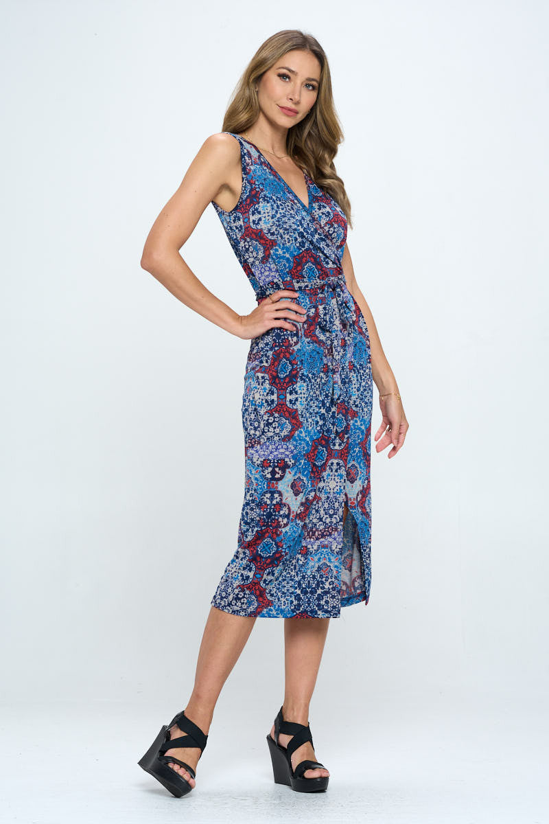 Print V neck Dress with Tie and Slit-Dresses-RENEE C.-Urbanheer