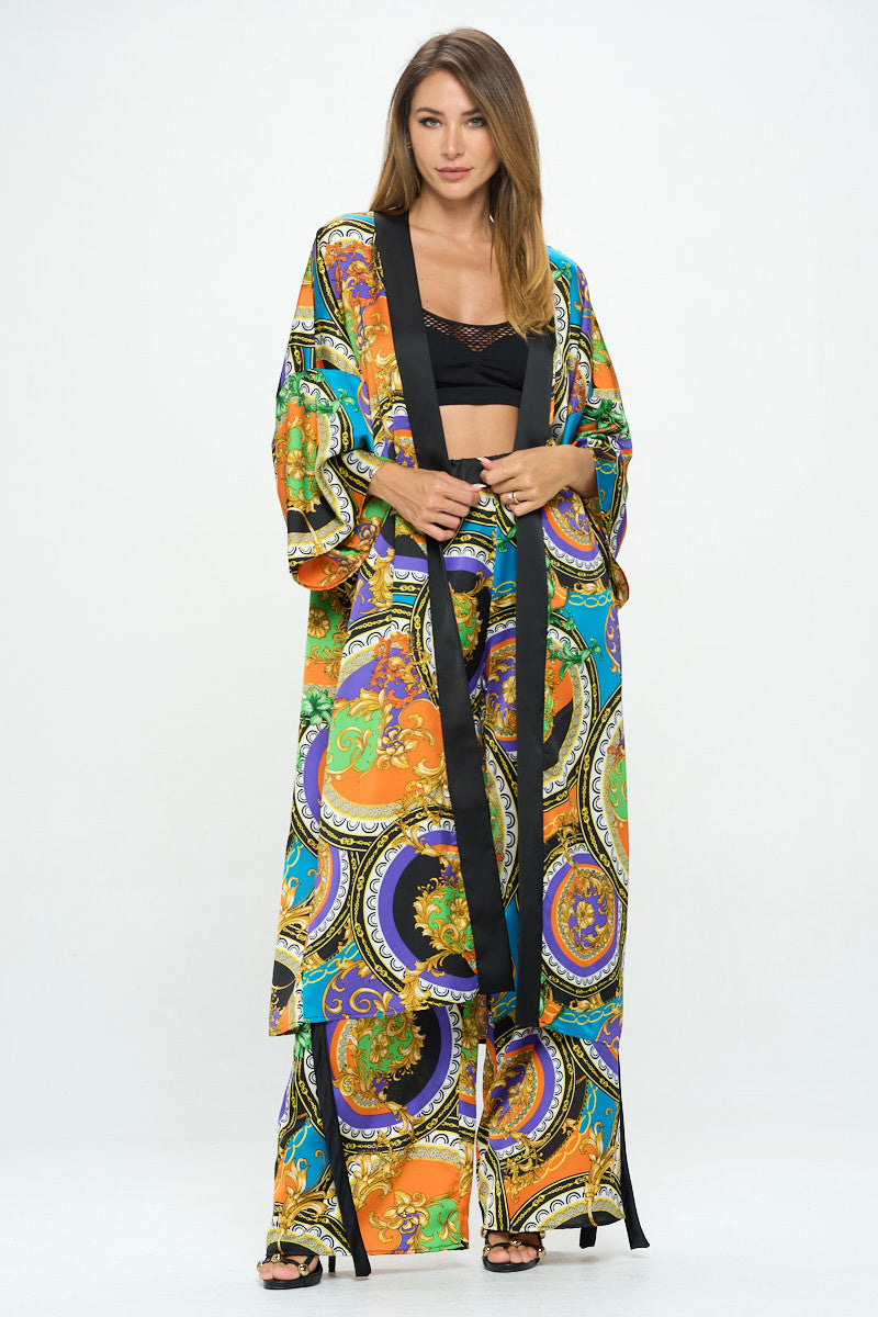 Stretch Satin Print Long Kimono Cardigan-Kimonos-Heer Decor-Urbanheer