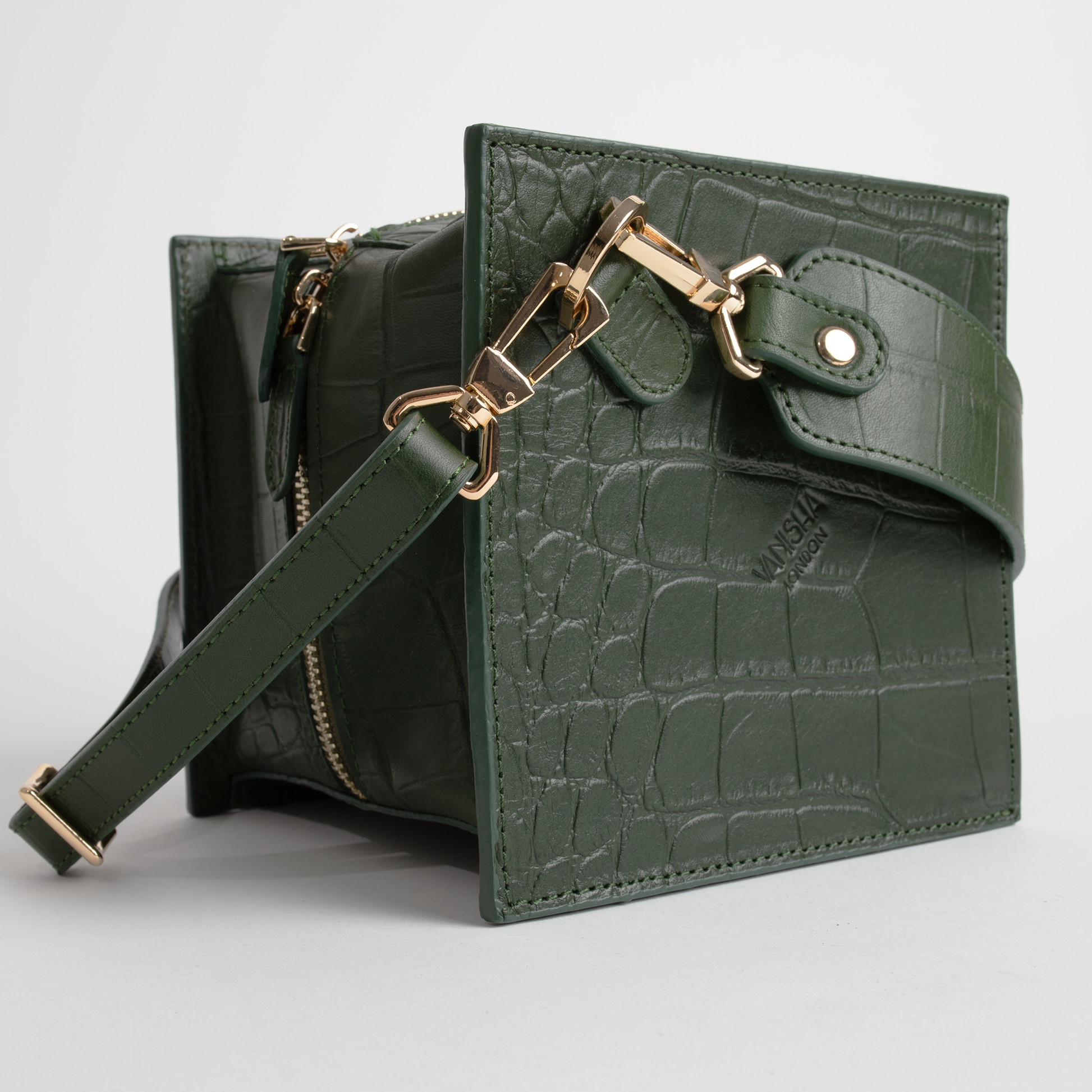 Lola Bag In Pine Green Crocodile Print-Vanisha London-Urbanheer